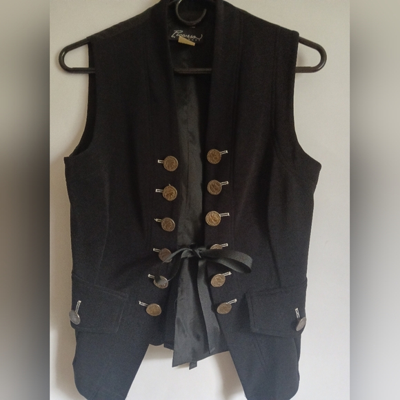 Women's Picasso A La Mode black vest SzSm buttons look like nickels tie front - Picture 2 of 13
